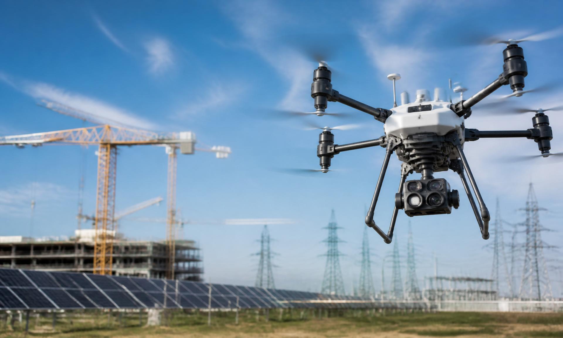 Professionaalne inspekteerimisdroon ehitusobjekti, päikesepargi ja kõrgepingeliinide kohal